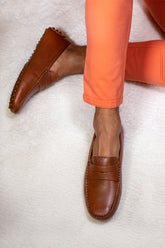 CALVI – Mocassins Bride Cuir – Homme – Cognac grainé